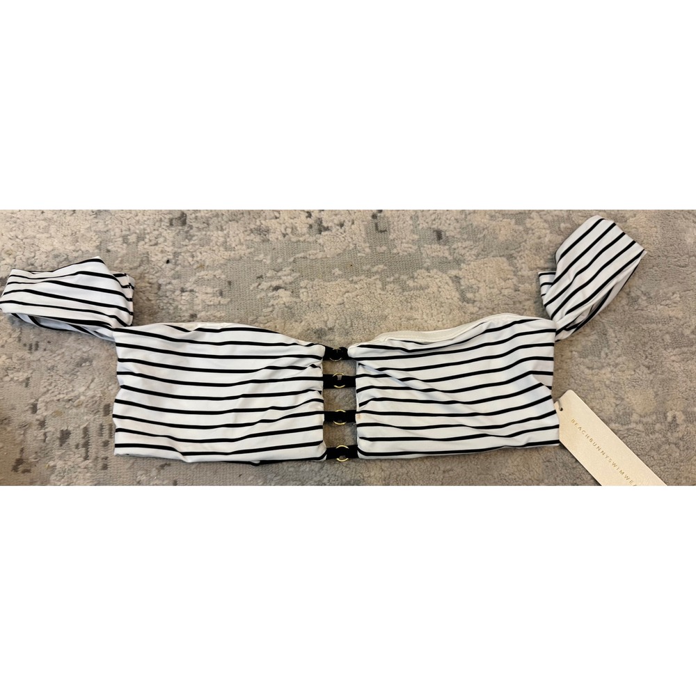 Beach Bunny Swimwear Striped Off The Shoulder Bikini Top Black White XL NWT